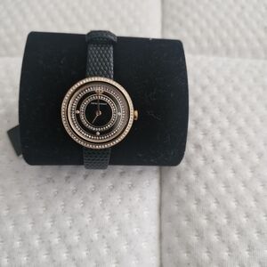 Giorgio Armani Black Strap Watch with Rose Gold Crystal Rings